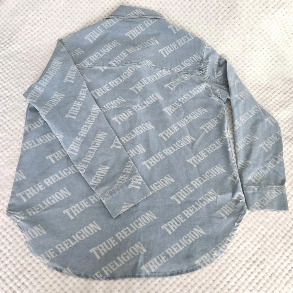 True Religion Georgia Denim Shirt Men's Sz Large Western Cowboy Pearl Snap‎